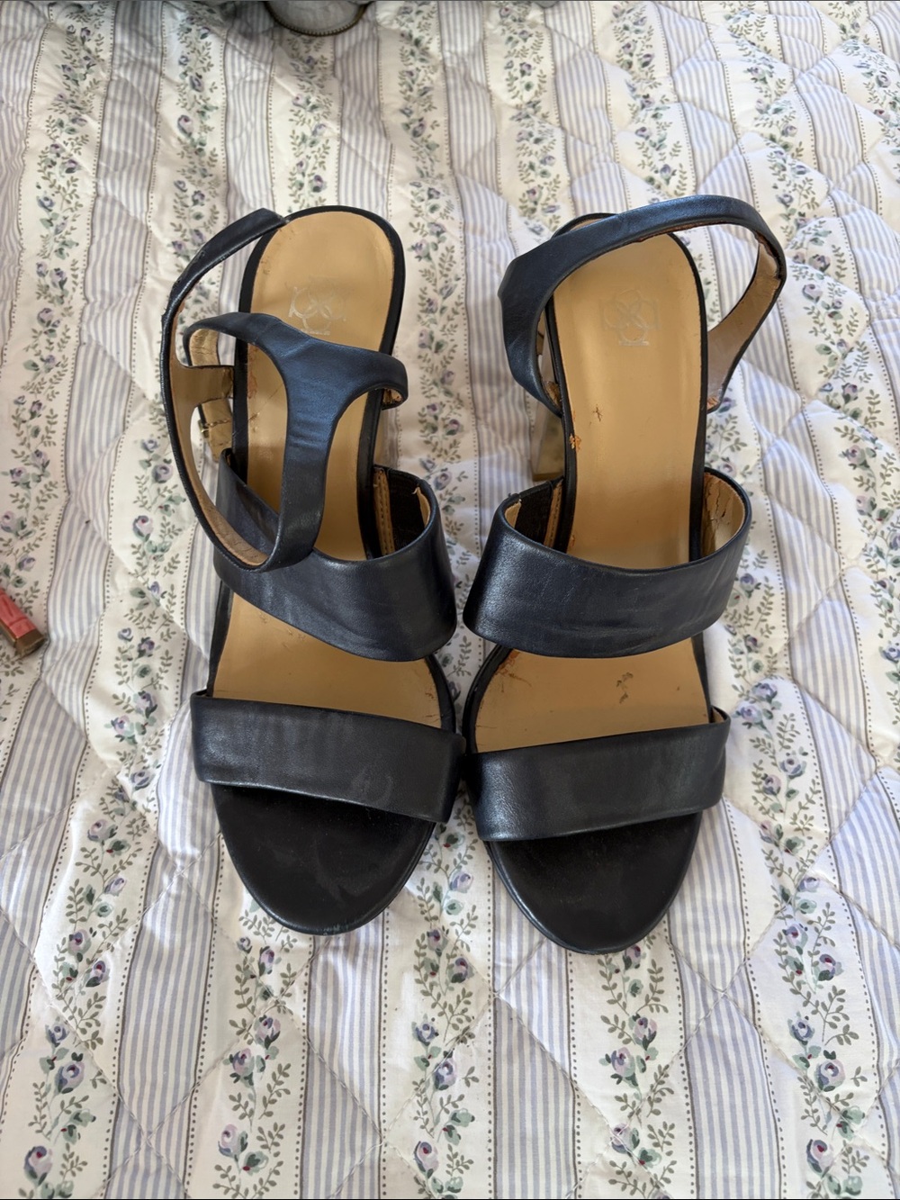Ann Taylor navy Leather Strappy Block Heels - Picture 1 of 13
